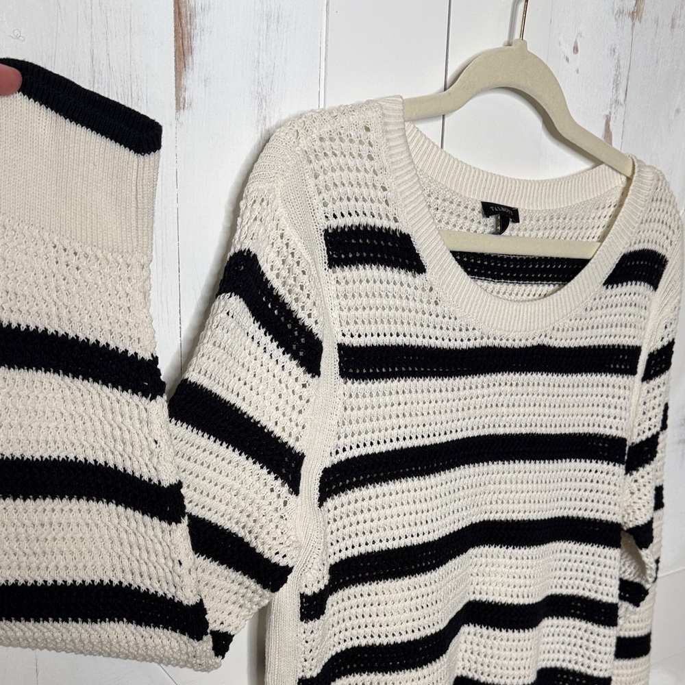 Talbots Black & Cream Open Weave Striped Crewneck Sweater - Picture 7 of 10